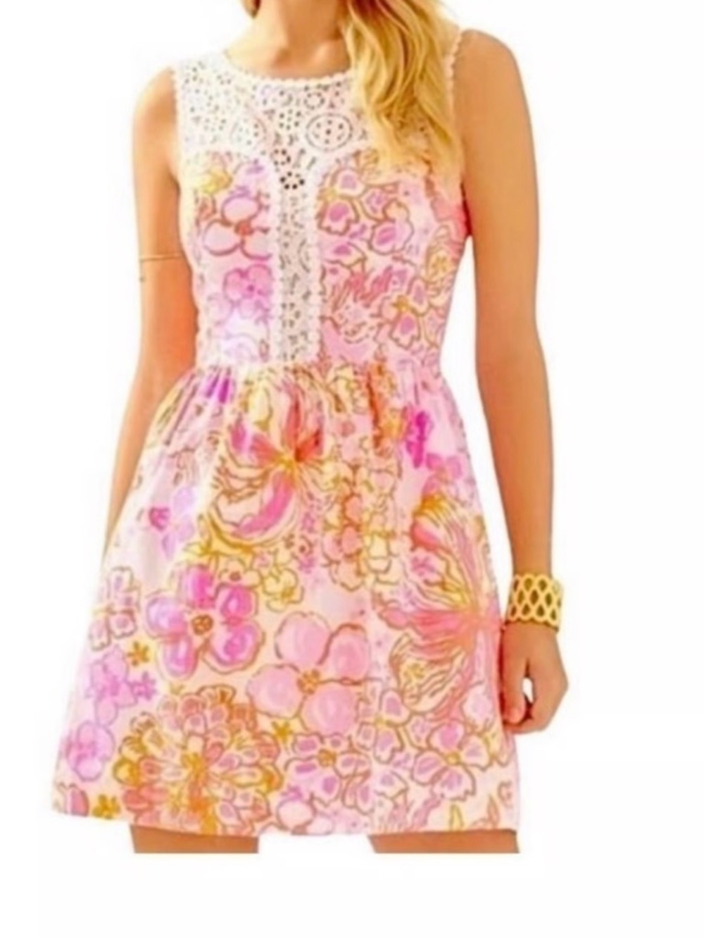 Lilly Pulitzer Raegan Fit and Flare Pink & Gold Floral Lace Mini Dress